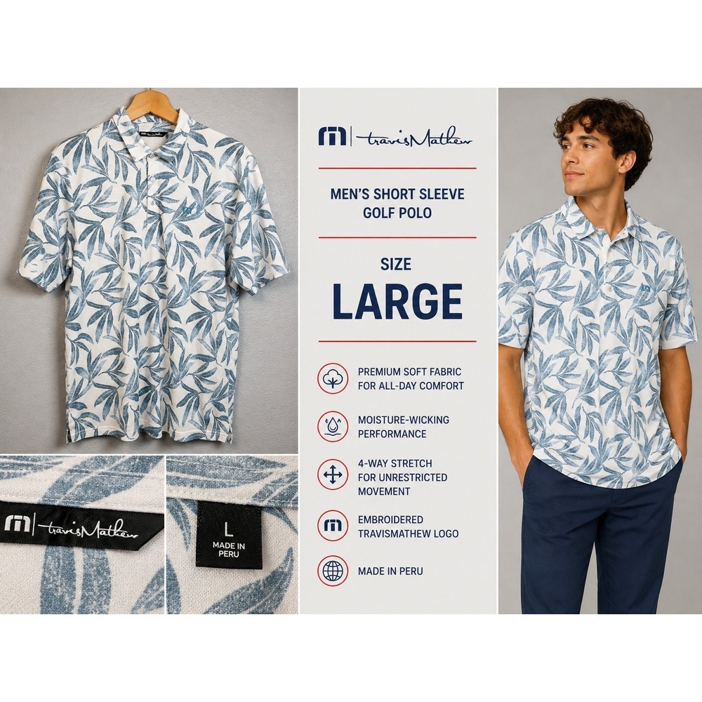 TravisMathew Golf Polo Mens Large Blue White Tropical Leaf Print Shirt